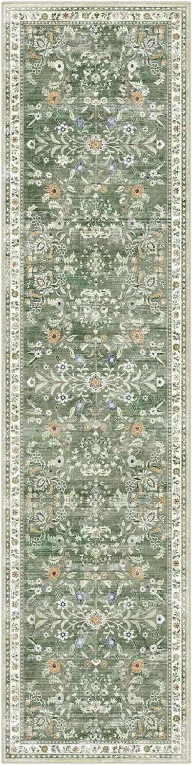 Yamaziot Washable Runner Rug 2x8 – Non Slip Boho Floral Hallway Runner Rug with Rubber Backing, Low Pile Wool Distressed Carpet for Kitchen, Laundry, Bedroom, Entrance, Mottled Green