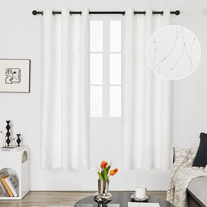 Deconovo White Curtains, Room Darkening Curtain, Thermal Insulated Soundproof Drapes, Wave Dots Silver Print, 42 x 72 Inch Long, Grommet Top, Window Panels for Living Room Bedroom Nursery, Set of 2