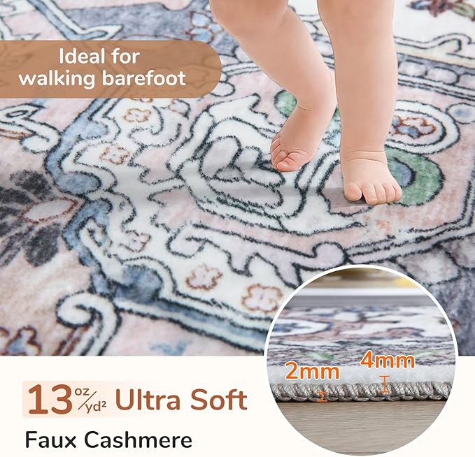 OPPODREAM Soft Round Rug 3ft, Washable Circle Rug 3ft with Non Slip Backing Play Room, Low-Pile Carpet 3 ft, Small Faux Cashmere Throw Carpet, Purple & Green & Cream