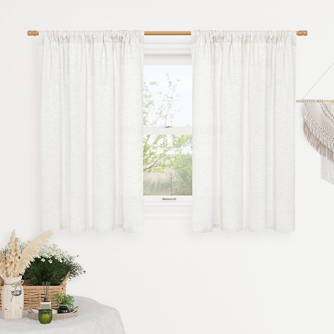 LAMIT Ivory White Linen Curtains 48 Inch Length, Faux Linen Textured Light Filtering Panels Rod Pocket Privacy Neutral Drapes for Kitchen/Window/Bedroom/Living Room, 2 Panels, 42 x 48 Inch