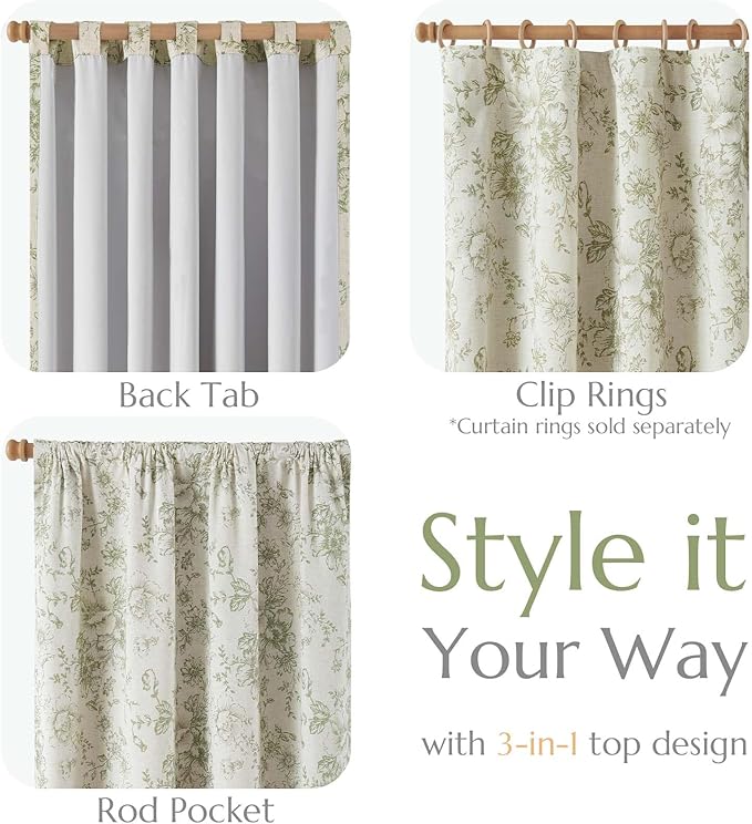 jinchan Blackout Floral Curtains for Living Room Bedroom Linen Blend Curtain Farmhouse Green Printed with Lined Back Tab Rod Pocket Drapes Window Treatments 2 Panels 96 Inch