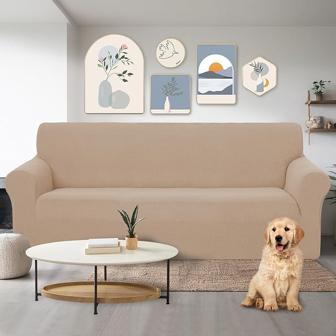 U-NICE HOME Stretch Couch Cover Sofa Covers for 3 Cushion Couch Slipcover with Elastic Bottom Furniture Protector for Dogs, Spandex Jacquard Soft Fabric (Large, Camel)