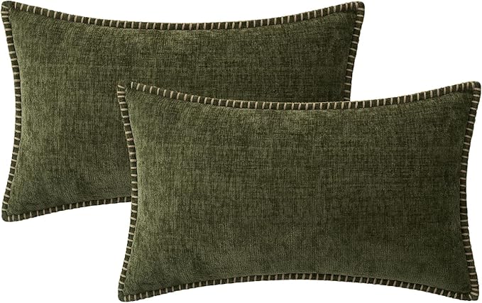 MIULEE Pack of 2 Couch Throw Pillow Covers 12x20 Inch Olive Green Farmhouse Decorative Pillow Covers with Stitched Edge Soft Chenille Solid Dyed Spring Pillow Covers for Sofa Bed Living Room