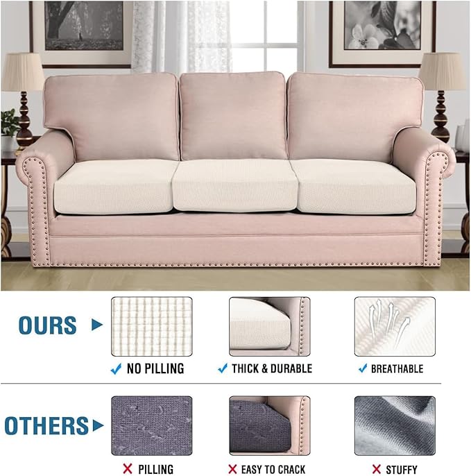 H.VERSAILTEX Super Stretch Individual Seat Cushion Cover Sofa Covers Couch Cushion Covers Slipcover Sets Thick Jacquard Textured Twill Fabric (3 Piece Sofa Cushion Covers, Porcelain White)