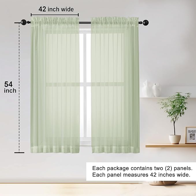 OWENIE Sheer Curtains 54 inches Long 2 Panles for Living Room Bedroom Small Windowm, Rod Pocket Light Filtering Voile Sheers Drapes, 42" W x 54" L, Light Green
