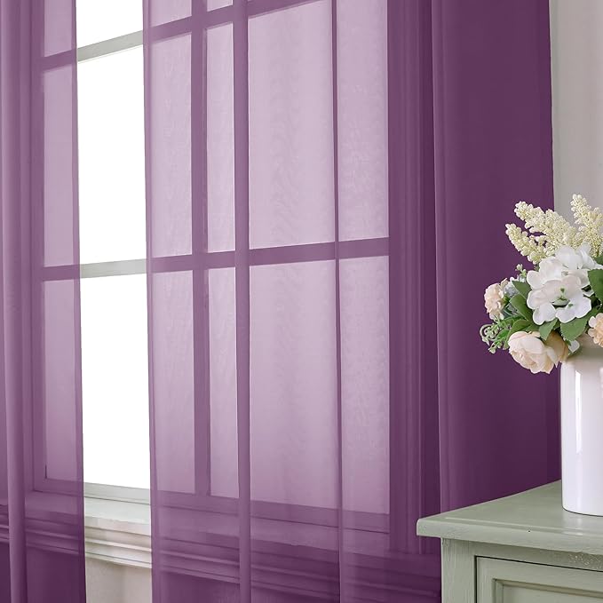 Aiyufeng Plum Purple Sheer Curtains 72 Inches Long 2 Panels Set, Solid Voile Top Dual Rod Pockets Stylish Breathable Drapes Window Treatment for Kid's Room/Bedroom/Living Room, 42W x 72L inches