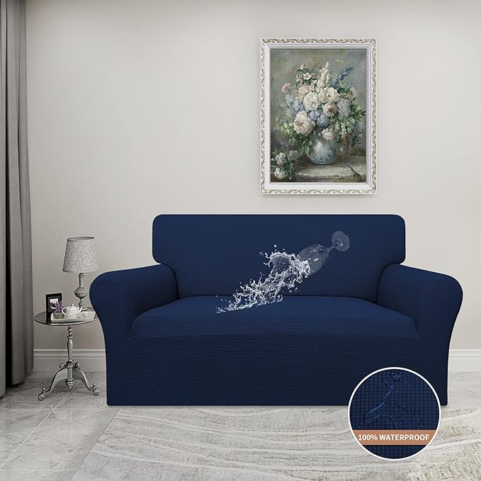 Easy-Going 100% Waterproof Loveseat Couch Cover, Dual Waterproof Sofa Cover, Stretch Jacquard Sofa Slipcover, Leakproof Furniture Protector for Kids, Pets, Dog and Cat (Loveseat, Navy)