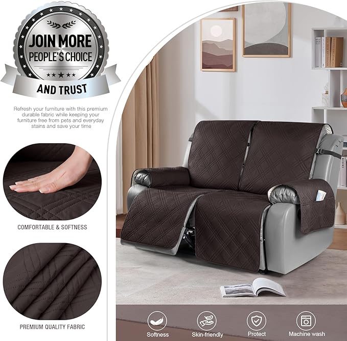 TAOCOCO 100% Waterproof Oversized Loveseat Recliner Cover, Non Slip Split Couch Covers for Reclining Loveseat with Elastic Straps for Kids Pets(Oversized 2 Seater, Coffee)
