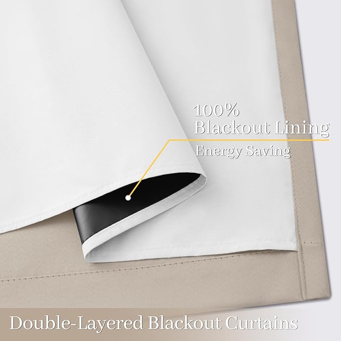 Yakamok 100% Blackout Curtain Panels 84 inches Cold and Light Blocking Drapes for Nursery, 2 Thick Layers Thermal Insulated Draperies (2 Pieces, 50 Wide Each Panel, Natural Front with White Backing)