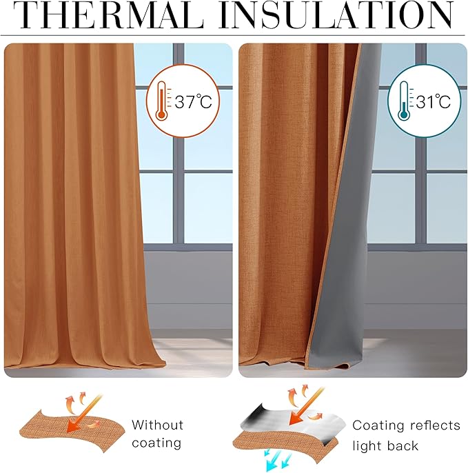 RYB HOME 100% Blackout Fall Curtains for Bedroom Linen Texture, Burnt Orange Curtains for LivingRoom/Office/Sliding Door, Thermal Insulated Farmhouse HomeDecor, Luxury Privacy Drape, W52xL84, 2 Panels