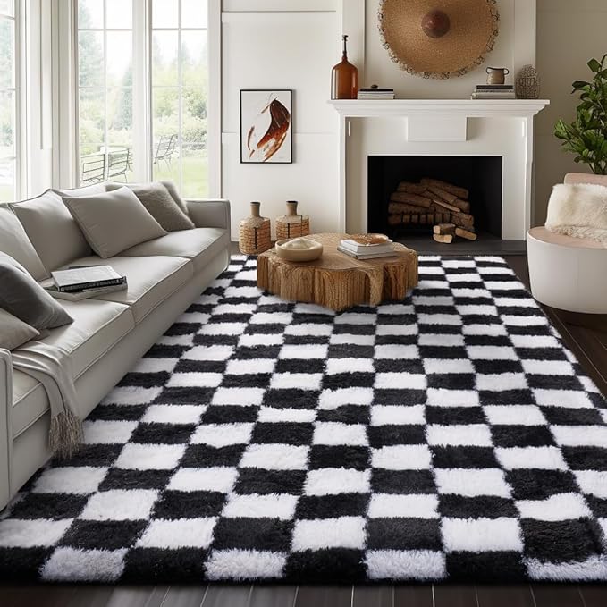 Ophanie Checkered Black & White Rug for Living Room Bedroom, Fluffy Soft Cute Fuzzy Area Rugs, Shag Plush Shaggy Bedside Floor 8x10 Furry Carpet for Kids Baby Teen Dorm Nursery Home Decor Aesthetic