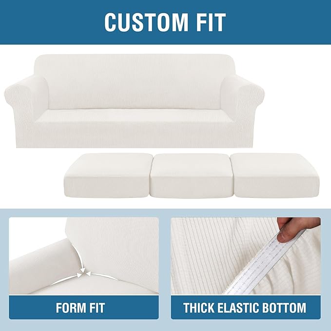 H.VERSAILTEX 4 Piece Stretch Sofa Covers for 3 Cushion Couch Furniture Slipcovers for Living Room (1 Base Cover Plus 3 Seat Cushion Covers) Jacquard Fabric Cover (XL Sofa, Porcelain White)