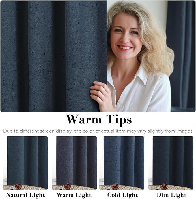 H.VERSAILTEX Linen Curtains 100% Blackout Curtains for Bedroom 90 inch Long Full Light Blocking Nature Linen Blended Window Curtains for Living Room Nickel Grommet (2 Panels, Navy)