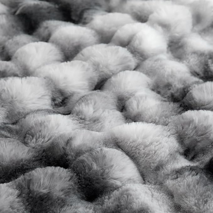 COOVA Faux Fur Throw Blanket for Couch, Cozy Soft and Fuzzy Plush Rabbit Fur Bubble Blanket for Sofa Bedroom Living Room, 50x60 Inches Tie Dye Light Grey