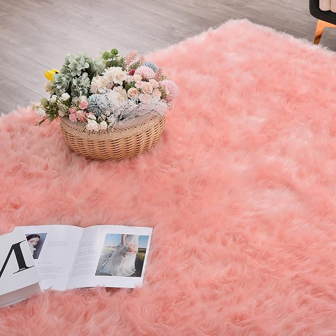ORINOVA Plush Living Room Rugs 6x9 Rugs for Kids Room Pink Washable Faux Sheepskin Fuzzy Fur Rug for Bedroom Large Fluffy Nursery Rug