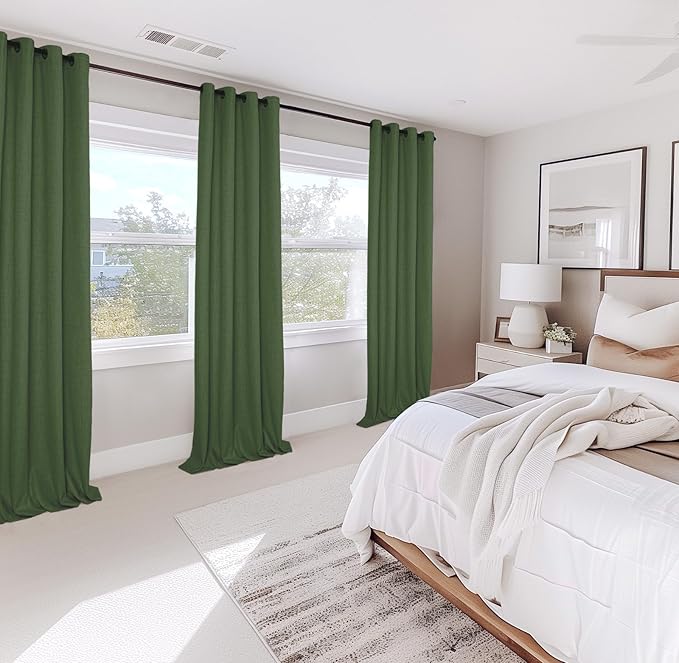 100% Blackout Shield Linen Blackout Curtains for Bedroom, Moss Green Grommet Curtains for Living Room, Thermal Insulated Room Darkening Drapes for Nursery, Boho Home Decor, 50" W x 90" L, 2 Panels