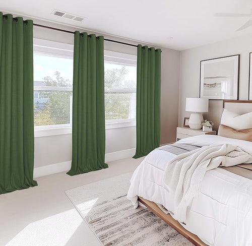 100% Blackout Shield Linen Blackout Curtains for Bedroom, Moss Green Grommet Curtains for Living Room, Thermal Insulated Room Darkening Drapes for Nursery, Boho Home Decor, 50" W x 90" L, 2 Panels