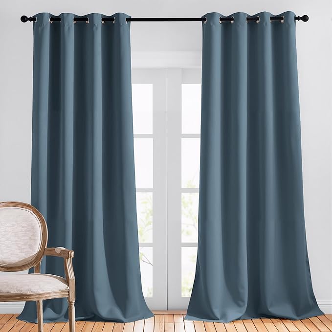 NICETOWN Blackout 102 inch Curtains for Living Room, Grommet Thermal Curtains Room Darkening Window Treatments Sound Reducing for Bedroom, Smoky Blue, 2 Panels, W52 x L102