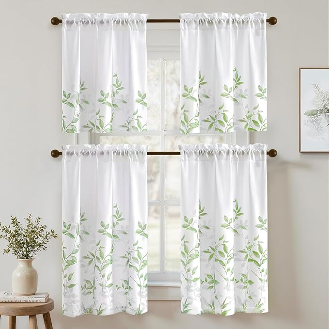 HOMEIDEAS Kitchen Curtains, Short Non-See-Through Privacy 30X36 Inch Length Tier Curtains, Green and White Leaf Floral Print Light Filtering Semi Sheer Small Window Drapes for Bathroom Cafe, 2 Panels