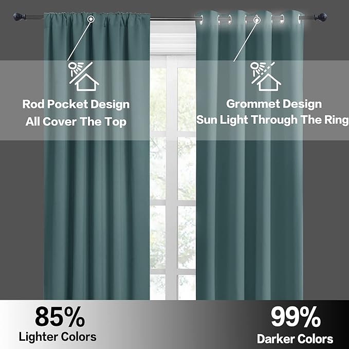 RYB HOME Blackout Curtains for Bedroom, Privecy Thermal Insulating Energy Saving Window Curtains for Bathroom Kitchen Kids Nursery, Wide 42 x Long 45, Teal Blue, 2 Panels