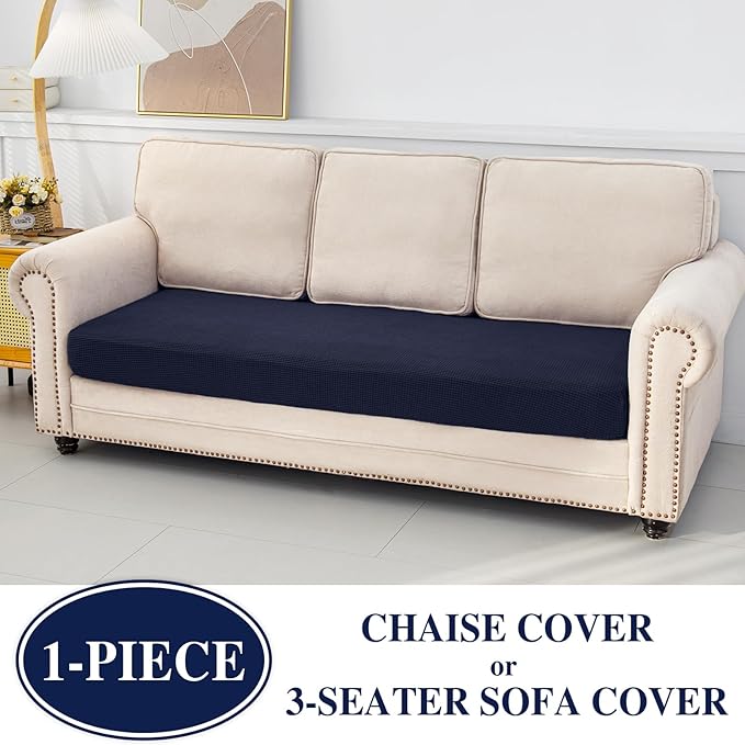 Couch Cushion Cover for Chaise Lounge & Sofa (Washable, Stretch, Separate Seat, 1 Piece for Chaise or Sofa 3-Seater, Navy)