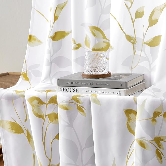 HOMEIDEAS Non-See-Through Gold and White Privacy Sheer Curtains 52 X 96 Inches Long 2 Panels, Leaf Floral Printed Light Filtering Semi Sheer Window Curtains Drapes for Bedroom Living Room