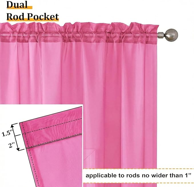 Aiyufeng Hot Pink Sheer Curtains 63 Inch Length 2 Panels Set for Living Room, Light Filtering Hot Pink Window Sheers Drapes for Bedroom, Each 42" W x 63" L