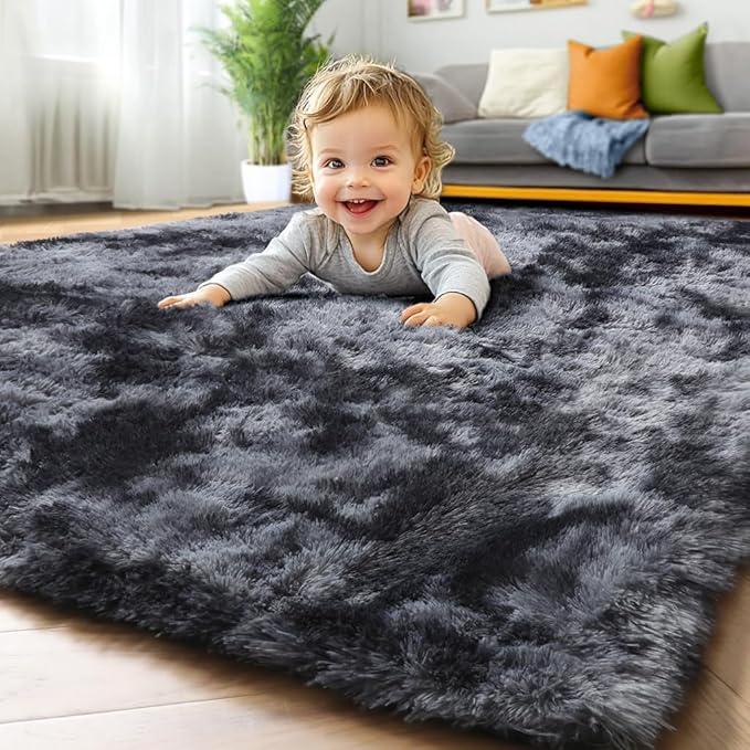 ONASAR 8x10 Area Rugs for Living Room, Tie-Dyed Dark Grey Fluffy Shag Large Bedroom Rug, Black Gray Soft Plush Thick Floor Big Indoor Carpet for Nursery Kids Boys Girls Teen Dorm Home Decor