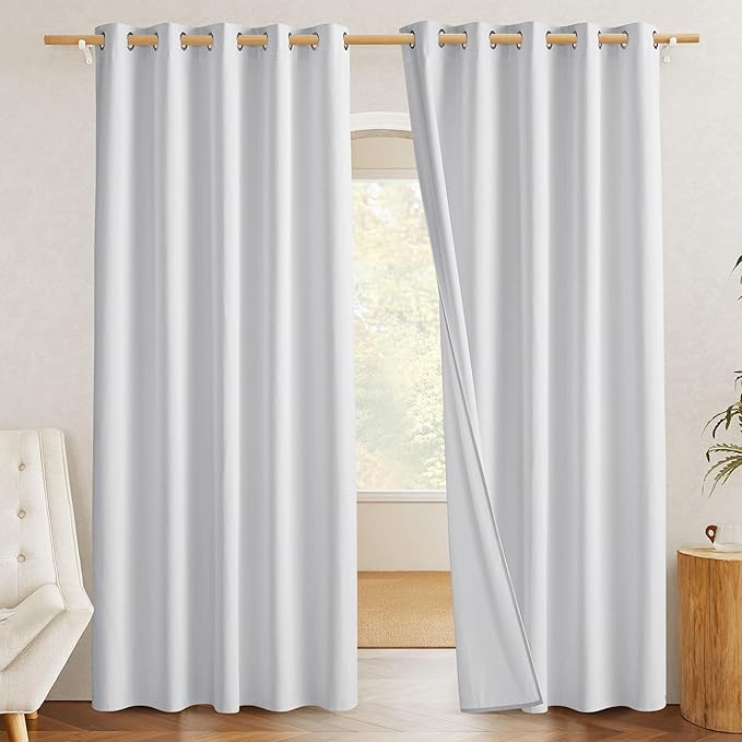 NICETOWN 100% Absolutely Blackout Linen Curtains with Thermal Insulated White Liner, White, 62" Wide, 2 Pieces, Privacy Vertical Window Drapes for Office Laundry Living Room Windows 72 inch Long