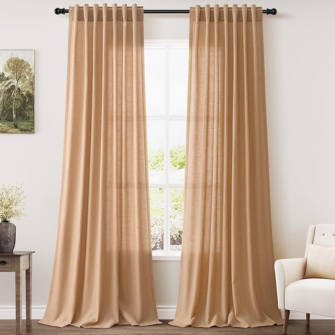 Nanspring Camel Linen Curtains 2 Panels Set for Living Room Back Tab Rod Pocket Window Drapes Light Filtering Semi Sheer Elegant Farmhouse Curtain 100 Inches Long for Dining Room Bedroom 52x100
