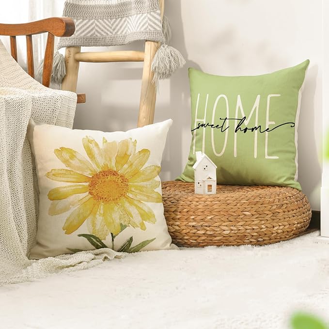 AVOIN colorlife Home Sweet Home Spring Summer Flowers Green Throw Pillow Covers, 18 x 18 Inch Cushion Case for Sofa Couch Set of 4