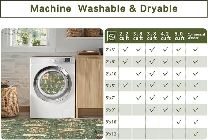 Washable Rugs 8x10 Area Rugs for Living Room,Bedroom,Dining Room- Large Ultra Soft Faux Wool Retro Carpet,Non Slip&Non-Shedding Low Pile Vintage Print Rug for Home Office Dorm-Grass Green