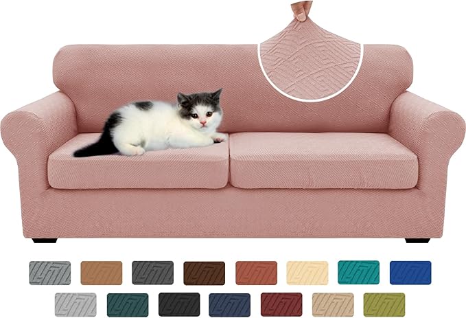XINEAGE New 3 Pieces Couch Covers for 2 Extra Large Cushion Sofa Super Stretch Sofa Cover for 2 Large Seat Universal Loveseat Slip Cover for Living Room (Dusty Pink), 71"-91"(2 Cushions)