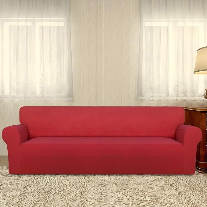 PureFit Super Stretch 4 Seater Sofa Slipcover – Spandex Non Slip Soft Couch Sofa Cover, Washable Furniture Protector with Non Skid Foam and Elastic Bottom for Kids, Pets （XX Large, Red）