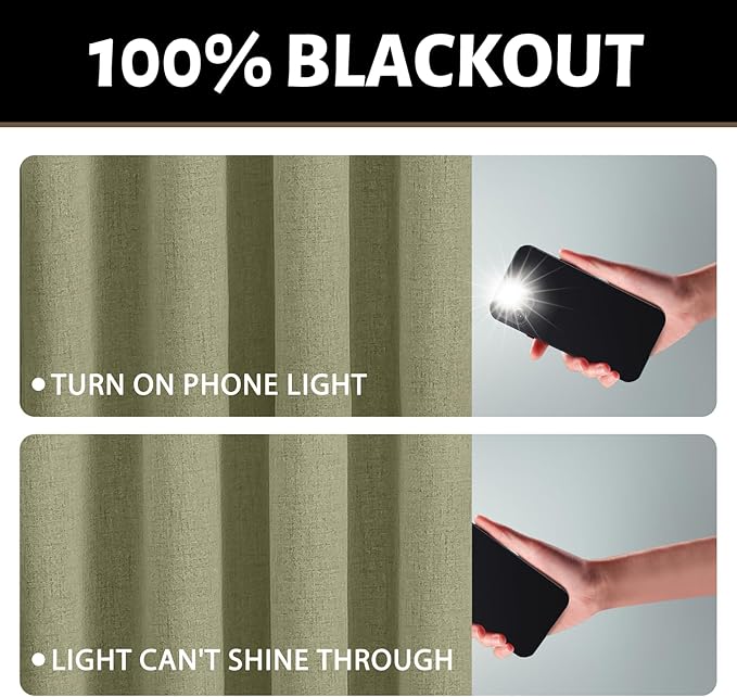 Yakamok Sage Green Linen Curtains 100% Blackout 90 Inches Long,Room Darkening Textured Curtains for Living Room Thermal Grommet Bedroom 2 Panels with Greyish White Liner