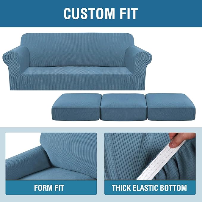 H.VERSAILTEX 4 Piece Stretch Sofa Covers for 3 Cushion Couch Covers for Living Room Furniture Slipcovers (Base Cover Plus 3 Seat Cushion Covers) Upgraded Thicker Jacquard Fabric (Sofa, Dusty Blue)
