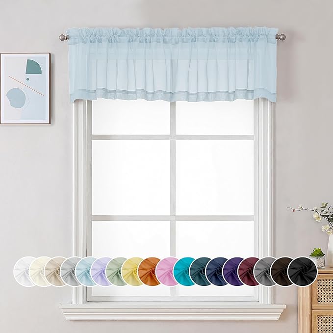 Chyhomenyc Light Blue Sheer Valances for Windows 2 Pack, Small Window Curtains for Living Room Bathroom Cafe Laundry Basement, Modern Top Dual Rod Pocket Voile Curtain, 42W x 14L inches, Sky Blue