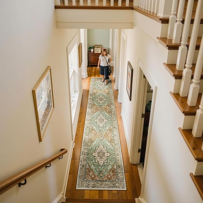 Area Rugs 2'x10' Runner Rug Non Slip Washable for Kitchen Hallway Bedroom Beside Laundry Room Bathroom Rug, Floor Carpet, Brick Red Rust Neutral Brown Burnt Orange Green