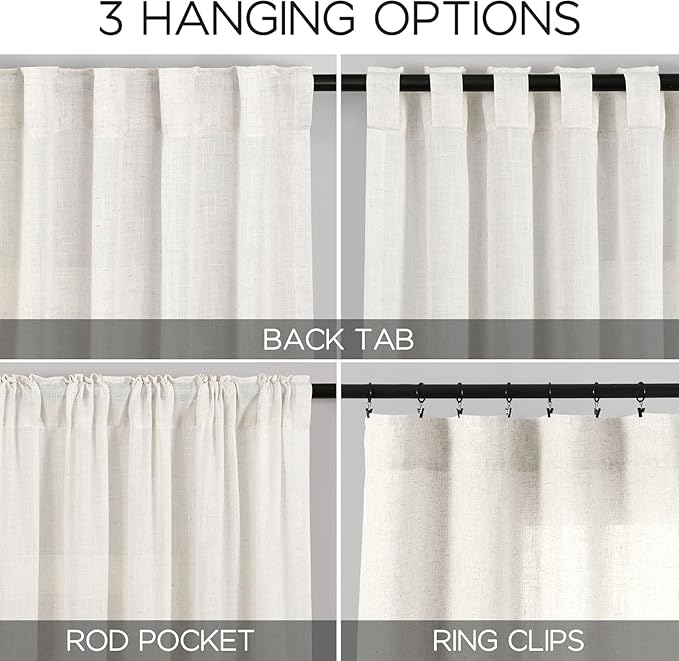 Nanspring Beige White Linen Curtains 96 Inches Long for Living Room Privacy Light Filtering Semi Sheer Curtain Back Tab and Rod Pocket Coastal Decor Drapes for Bedroom Dinner 40 X 96, 2 Panels