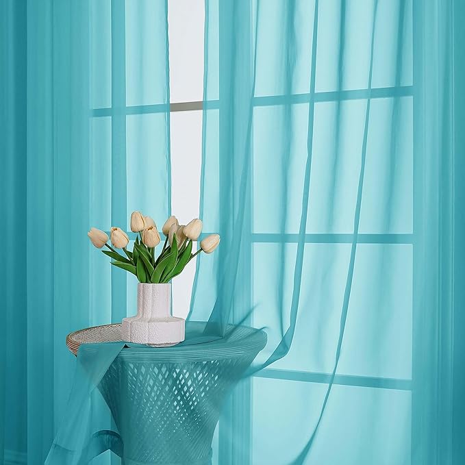 OVZME Turquoise Sheer Curtains 63 Inches Long 2 Panels Set, Light Filtering Sheer Curtains for Living Room Bedroom 59 Inch Extra Wide, Modern Voile Filmy Rod Pocket Window Drapes, 59Wx63L Inches