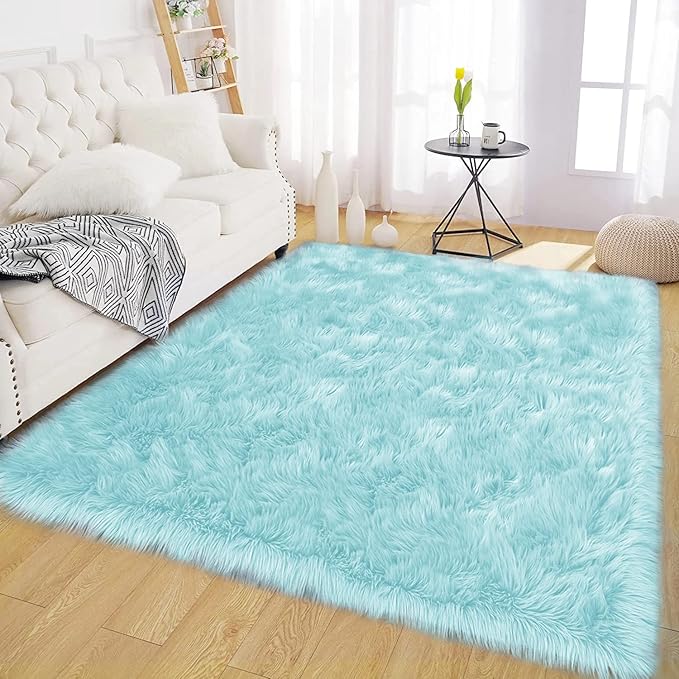 Latepis Light Blue Area Rug 6x9 Faux Fur Teal Rugs for Living Room Washable Shag Fluffy Rugs for Bedroom Dorm Fuzzy Soft Rug Home Decor Rectangle