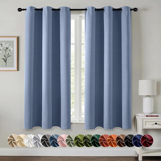 MIULEE Denim Blue Blackout Curtains for Bedroom Living Room 63 Inches Long 2 Panels, Thermal Insulated Room Darkening Drapes Solid Grommet Noise Reduction Light Blocking Window Treatments 40x63 Inch