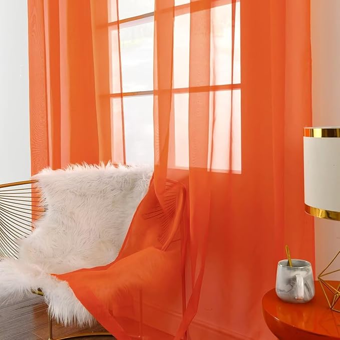 SpaceDresser Burnt Orange Sheer Curtains 4 Panels Rod Pocket Semi-Sheer Curtain 96 Inches Long Light Filtering Voile Window Drapes for Bedroom Living Room Kitchen, Each 52W x 96L