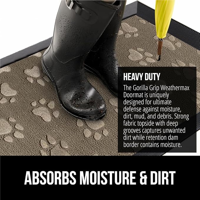 GORILLA GRIP 100% Waterproof All-Season WeatherMAX Doormat US Designed Natural Rubber, Stain and Fade Resistant, Low Profile Indoor Outdoor Door Mats, Easy Clean Patio Mat, 29x17, Tan Pawprints