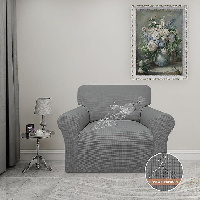 Easy-Going 100% Waterproof Oversized Chair Couch Cover, Dual Waterproof Sofa Cover, Stretch Jacquard Sofa Slipcover, Leakproof Furniture Protector for Kids, Pets, Dog and Cat, Grey