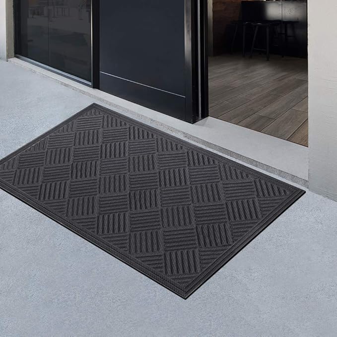 Mibao Front Door Mat, Dirt Trapper Welcome Mat for Outdoor Indoor, Non-Slip Waterproof Doormat, Durable Machine Washable Low Profile Entry Rug for Back Door Outside Patio, 61.5" x 36", Gray Grid