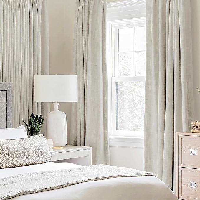 MIULEE Linen Texture 90 Inches Curtains for Bedroom Light Cream 100% Blackout Thermal Insulated Linen Curtains Grommet Room Darkening Drapes for Living Room Nursery 52x90 Inch (2 Panels)