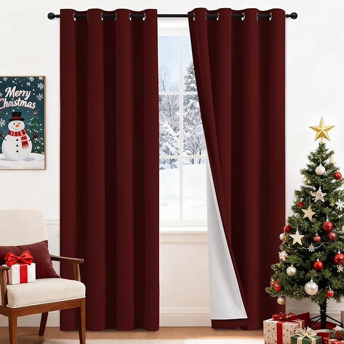 Yakamok Room Darkening 100% Blackout Curtains Grommet Window Treatments with 2 Thick Layers-Burgundy Red Thermal Insulated Drapes Set of 2 Panels for Bedroom Living Room 52 Inches by 84 Inches Length