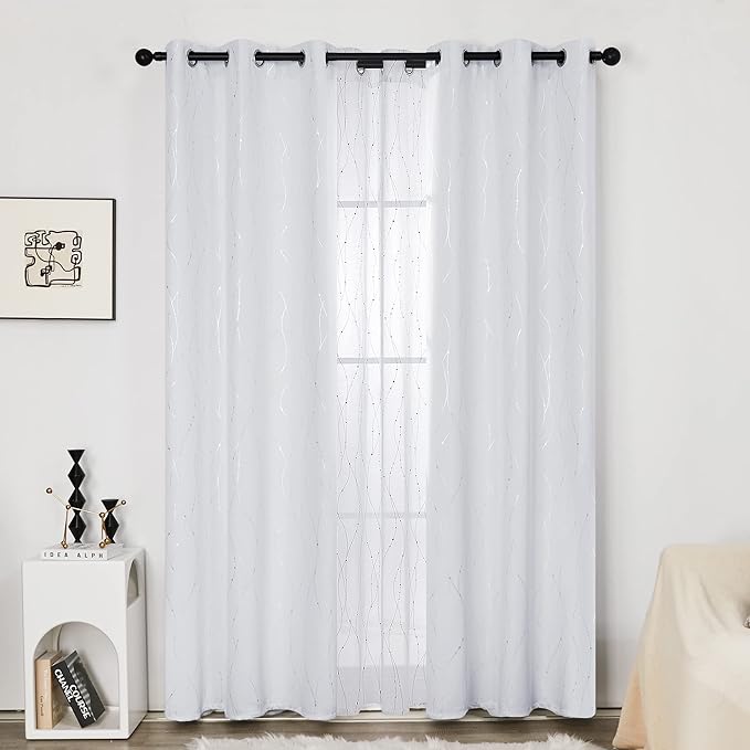 Deconovo Room Darkening Curtains, White Curtain, Thermal Insulated Soundproof Drapes, Silver Wave Dot Print, 42 x 63 Inch Long, Grommet Machine Washable Window Panels for Bedroom Living Room, Set of 2