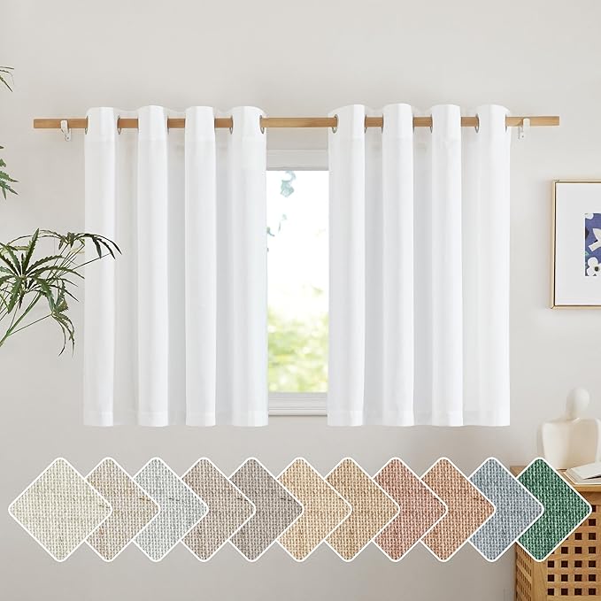 NICETOWN White Linen Kitchen Curtains 36 inches Long, Grommet Short Curtains Small Window Treatments Thick Flax Linen Weave Privacy Added with Light Filtering for Cafe, W55 x L36, 2 Panels